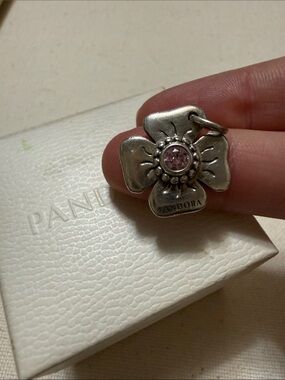 Pandora Sterling Silver 925 Flower Charm Pendant W/Pink Center Crystal W/Box
